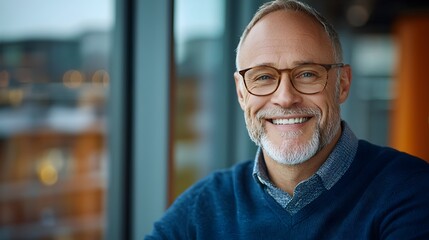 Obraz premium Closeup portrait of a cheerful young man in glasses his face lit up by the soft natural sunlight streaming in through a nearby window He is smiling happily exuding a positive and friendly mood
