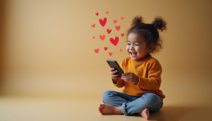 A happy little child holds a phone surrounded by bright digital icons of hearts, stars, messages, comments, social media and digital communication