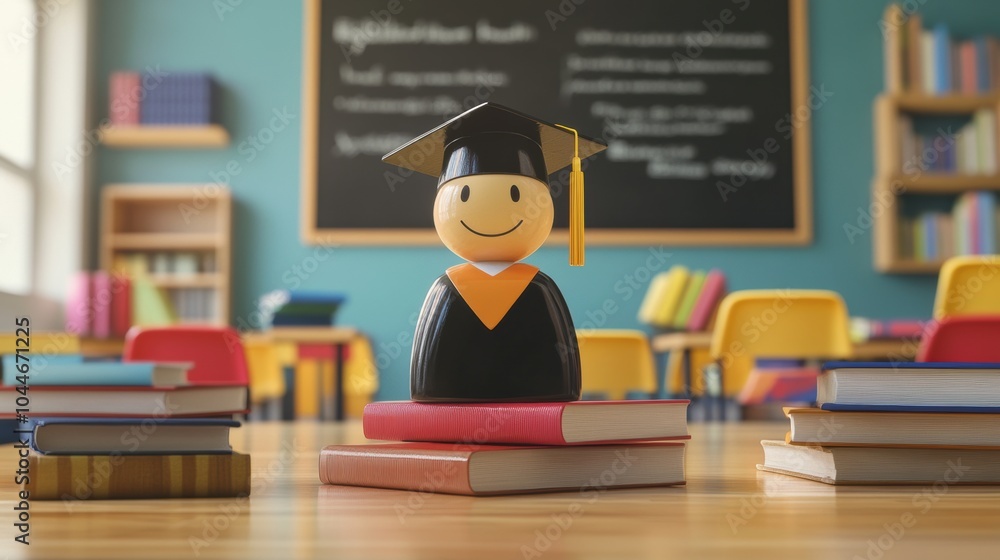 Poster a graduation figure with a cap and gown smiles while resting on a stack of books in a bright classro