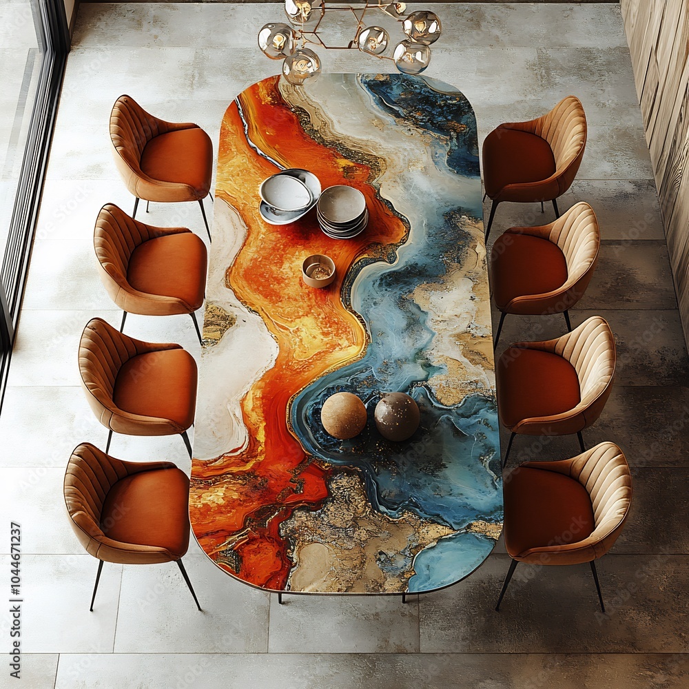 Poster 3d render of top view artistic dining room with an abstract art table unique lighting fixtures conte