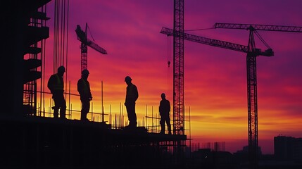Construction workers and engineers silhouette in dawn evening, cranes and half built buildings and reinforcement rebar