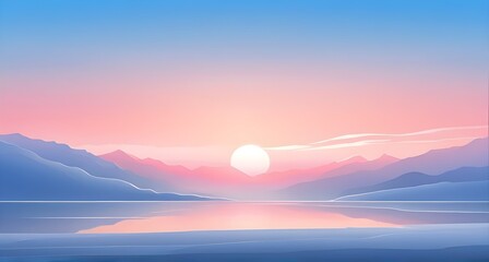 Fototapeta premium Illustration of a cold winter sunrise, represented by a minimalist gradient of soft pastel pinks and blues over a smooth, snow-covered horizon