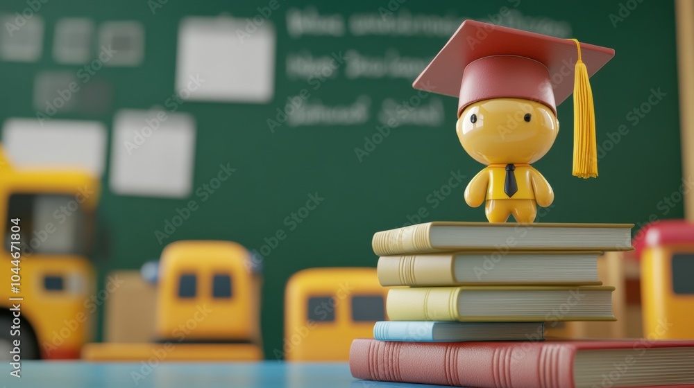 Aufkleber a cheerful yellow toy figure wearing a graduation cap stands atop a stack of colorful books in a vib
