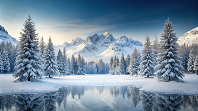 Symmetrical snowy landscape with trees and mountains