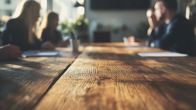 Close up view of a business meeting featuring multiple individuals around a wooden table reflecting a contemporary and tech oriented professional setting
