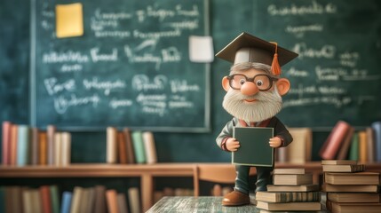 A friendly cartoon teacher holds a book in a cozy classroom, surrounded by colorful blackboards and stacks of books. Generative AI