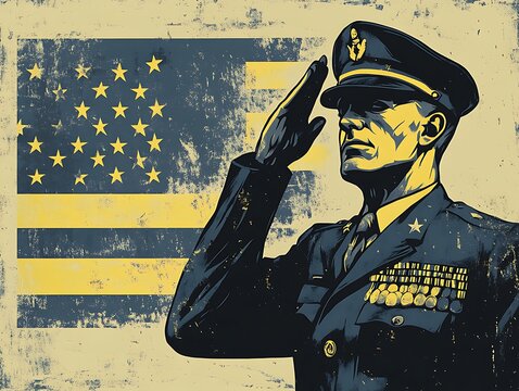American general artwork doing military respect with background of a USA flag in vintage design, nationalism and patriot soldiers