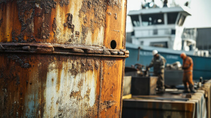 Rusty cargo container with weathered texture in busy port, showcasing industrial elements and workers in background. scene evokes sense of hard work and resilience