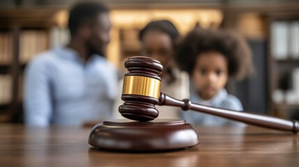 Wooden gavel with an African American family and child in the background anticipating a judge s decision related to child custody and family law concepts