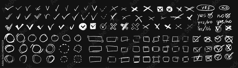 Poster set of voting elements. yes or no signs and square, rectangular or round filled boxes for hand-drawn