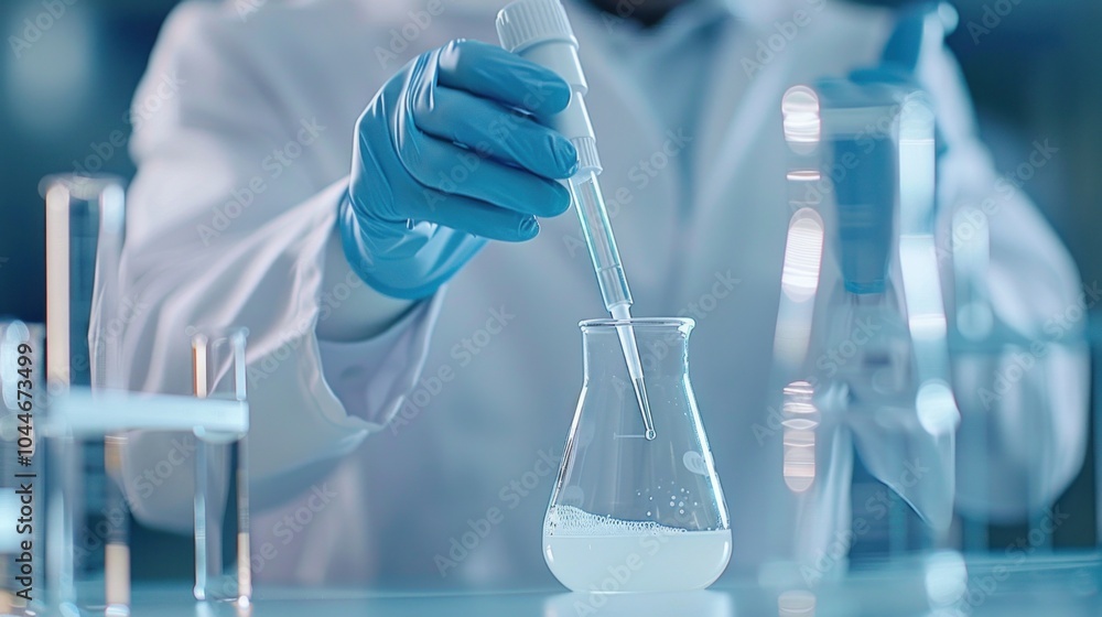 Poster scientist in laboratory using pipette with flask for chemical experimentation.