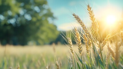 Fototapeta premium Mesmerizing golden wheat field swaying gently in the warm evening breeze bathed in the soft glowing light of the setting sun Serene and peaceful rural landscape at dusk