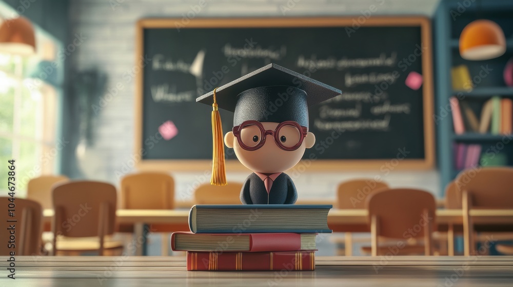 Poster a young graduate wearing a cap and gown stands on books in a colorful classroom, symbolizing achieve