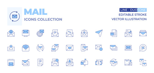 Mail icons collection. Line Duotone style, editable stroke. email, email marketing, message, letter, mail, envelope, mailbox, conversation, response, worldwide