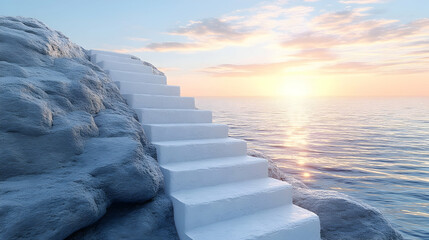 White stone steps leading up to a cliff overlooking the sea at sunset.