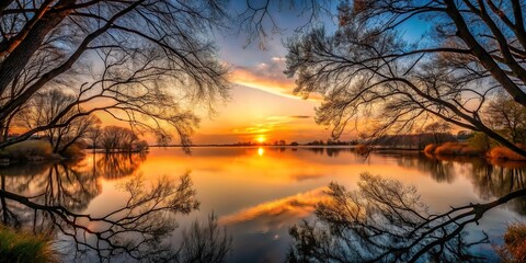 Symmetrical sunset over the river through tree branches