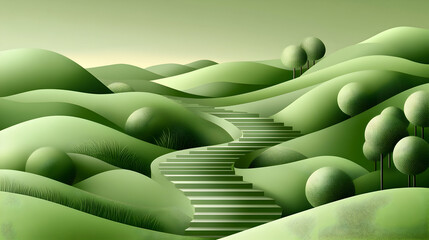 Obraz premium Winding stone staircase leading up a grassy hillside, with rolling green hills and trees in the background.