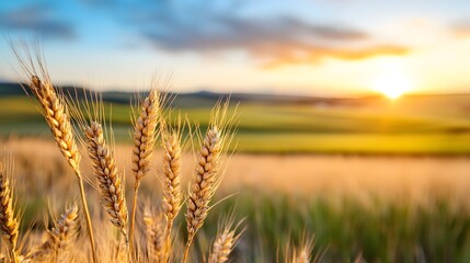 Naklejka premium Expansive golden wheat fields stretching out beneath the soft evening light swaying gently in rhythm with the calm breeze in a serene picturesque countryside landscape