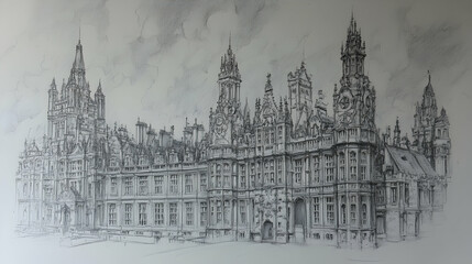 Fototapeta premium A black and white pencil drawing of a grand, historic building with multiple spires and towers.