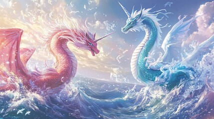 Fototapeta premium A stunning scene of two mythical dragons battling in an ocean, showcasing vibrant colors and magical splendor.