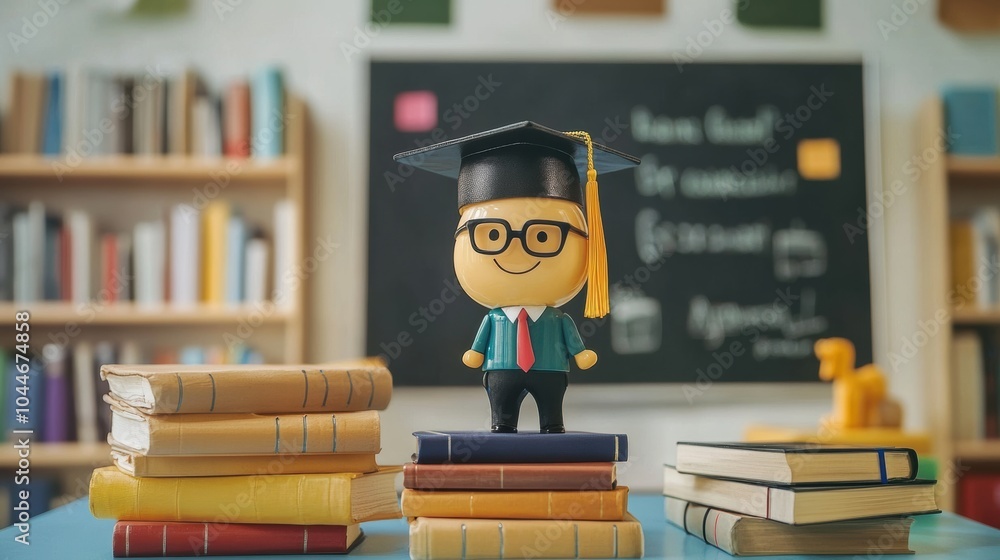 Aufkleber a joyful graduation figure wearing a cap and gown stands on top of books, surrounded by a colorful c