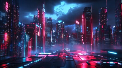 Obraz premium A vibrant, futuristic cityscape illuminated by neon lights and atmospheric fog, showcasing a blend of technology and art.