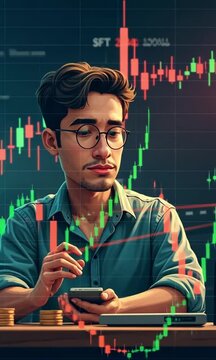 Man analyzes financial charts and data in a modern office 