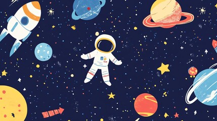 A whimsical illustration of an astronaut floating in space among colorful planets and rockets, capturing the wonder of the cosmos.
