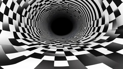 An abstract tunnel with a black and white checkerboard pattern creates a dizzying visual effect, drawing the viewer into infinity.