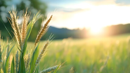 Fototapeta premium Serene sunlit wheat fields swaying gently in the breeze glowing under the soft evening light as shadows grow long across the picturesque rural landscape