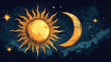 The artwork features a bright sun on the left and a crescent moon on the right, surrounded by twinkling stars and a dark blue background, highlighting celestial harmony.