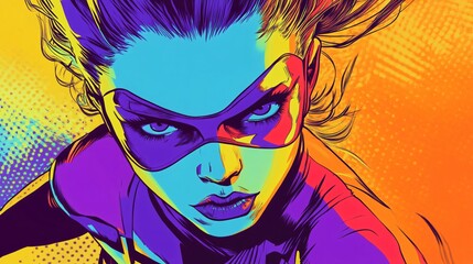 Dynamic superhero illustration featuring vibrant colors and striking facial details, showcasing strength and determination.