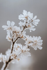 macro photography of intricate ice crystals, capturing the unique beauty of winter frost patterns, snowflakes, and frozen formations on natural surfaces, ideal for winter-themed designs, backgrounds, 