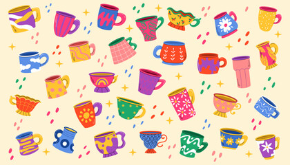 A bright colorful cups of various shapes and sizes with abstract and floral designs on a light background, decorated with stars and colorful dots, creating a playful and cheerful vibe.
