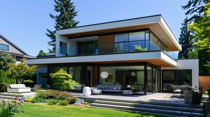 Fototapeta premium Modern Home with Large Windows and Patio