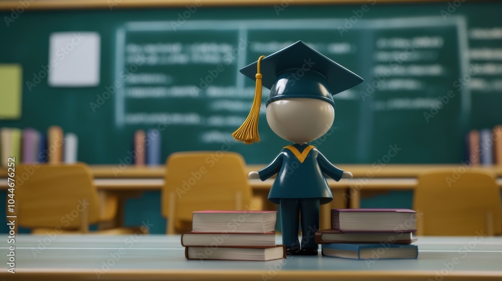 Poster a cheerful graduation figure in cap and gown stands on a desk surrounded by colorful books in a scho