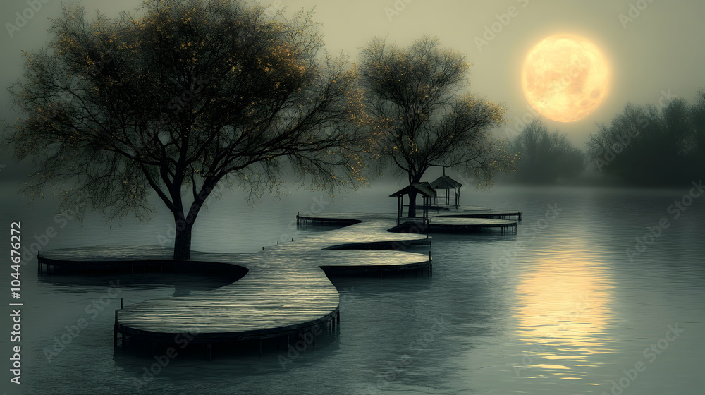 Poster a full moon illuminates a misty lake with two islands and a wooden path connecting them, with a smal