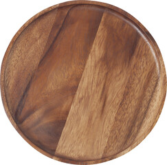 Top view of a round empty wooden plate isolated.
