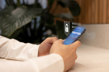 Cyber security concept. user privacy data information security encryption, protect business and financial transaction data, from cyber attack businessman using computer. internet network security.