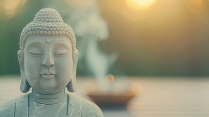 Serene stone Buddha statue in peaceful sunset meditation setting.