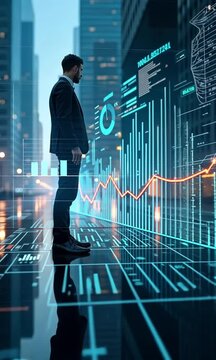 Man in front of stock market charts.