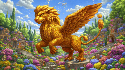 Fototapeta premium A golden griffin stands on a stone pedestal in a colorful garden with a city in the background.