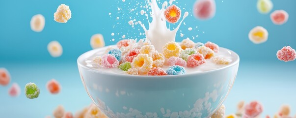 Vibrant close-up of colorful sugary cereal in a bowl, perfectly drenched in creamy milk.