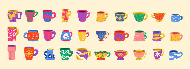 A bright colorful cups of various shapes and sizes with abstract and floral designs on a light background, creating a playful and cheerful vibe.