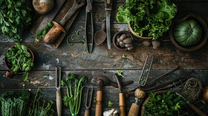 A rustic table top with a variety of fresh herbs, vegetables, and gardening tools.