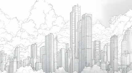 A hand drawn sketch of a modern city skyline with tall buildings and cloudy sky.