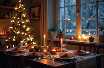 Festive Christmas table setting in decorated interior with a large window and a Christmas tree. New Year's Eve dinner, banquet for guests.