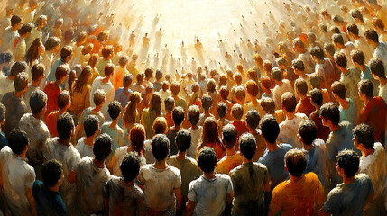 A large crowd of people gathered in front of a bright light.