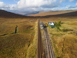 Aerial drone shots of Corrour train station made famous by the film Trainspotting