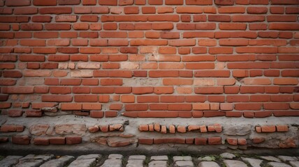 "Texture of red bricks in an old building with visible cracks."

